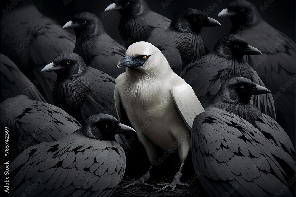 Fototapeta premium White crow among black crows.. AI generated.