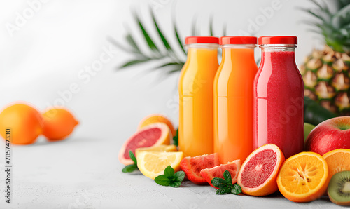 a collection of bottles of juice with fruits and berries photo