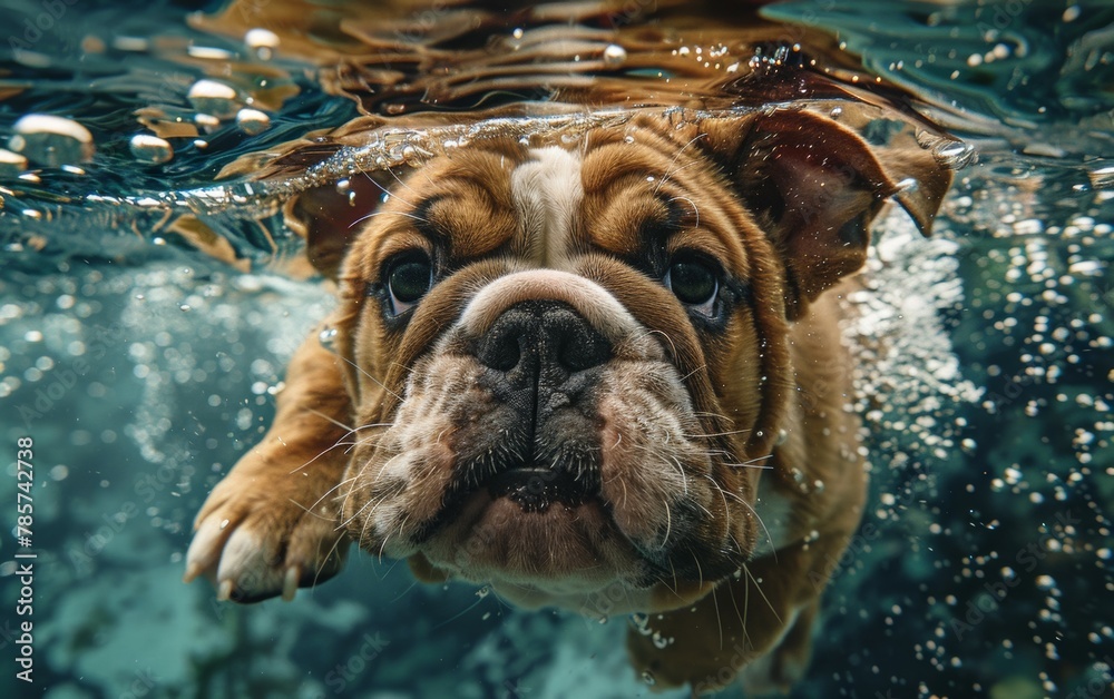 A dog is swimming in a pool. Summer heat concept, backdrop