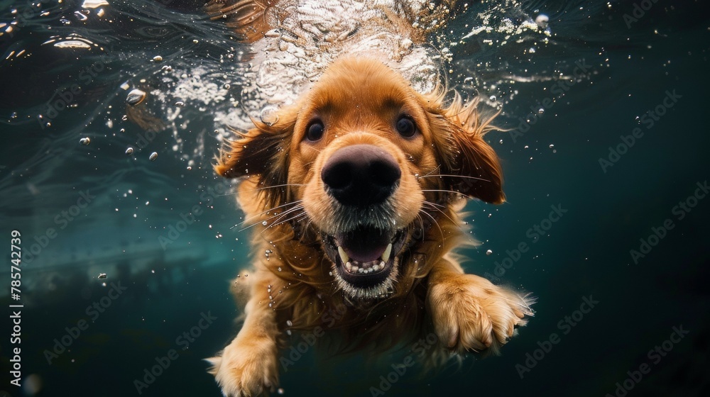 A dog is swimming in the water with its mouth open. Summer heat concept, backdrop