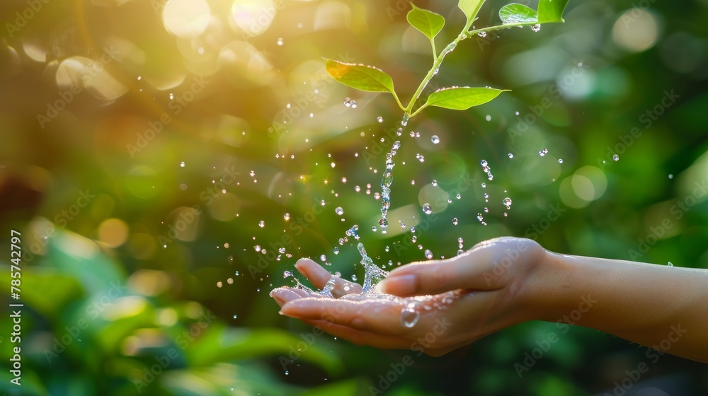 Water pouring in woman hand with icons energy sources for renewable, sustainable development. Ecology concept on nature green leaf background. Earth day. Environment issues