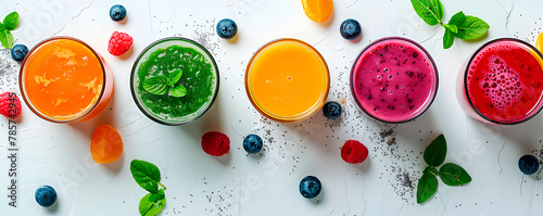 Fruit smoothies in glasses and ingredients on white background, top view photo