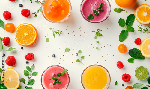 Fruit smoothies in glasses and ingredients on white background, top view