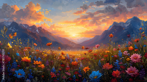 A beautiful painting depicting a sunset over,
Field of spring flowers #785743351