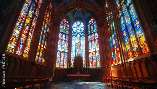The image depicts the interior of an old Gothic chapel, where stained glass windows illuminate the space, creating an ancient and mystical atmosphere.