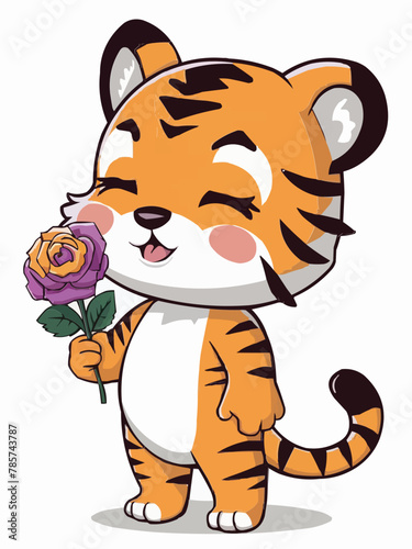Cute standing lovely tiger with closed eyes  flowers vector customized design
