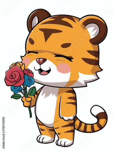 Cute standing lovely tiger with closed eyes  flowers vector customized design