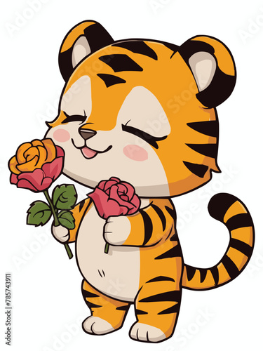 Cute standing lovely tiger with closed eyes  flowers vector customized design