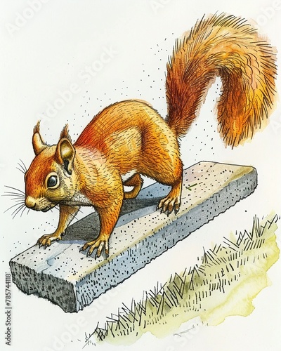 A squirrel pauses, midleap, frozen against a backdrop that isnt there , watercolor illustration, isolated on white background, photo