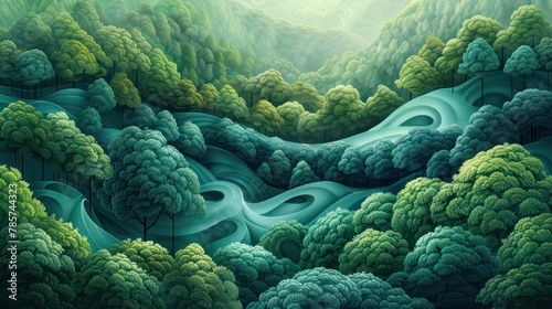 Surreal forest landscape with flowing river