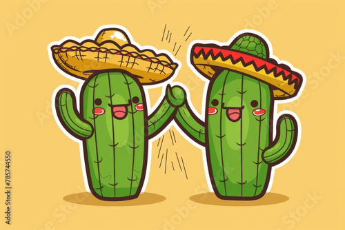 A pair of cheerful cacti sharing a high-five in the desert sun, each wearing a tiny sombrero, cartoon