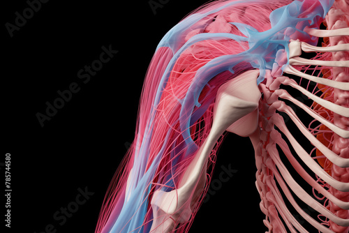 An example of three dimensional representation emphasizing inflammation in joints, well as interactions between bones, muscles, tendons AI Generative photo