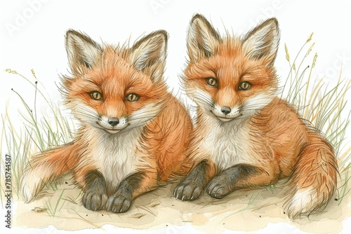 Watercolor Two fox kits tumble together, their fiery coats vibrant against the plain background , watercolor illustration, isolated on white background,