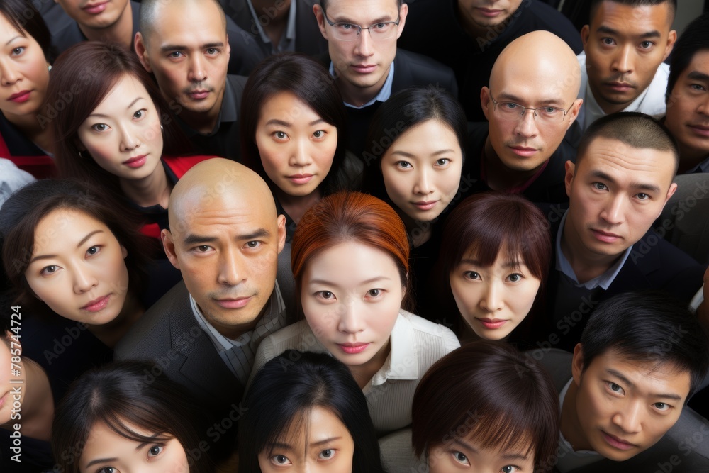 Group of Asian people serious face looking up Group of Asian people serious face looking up