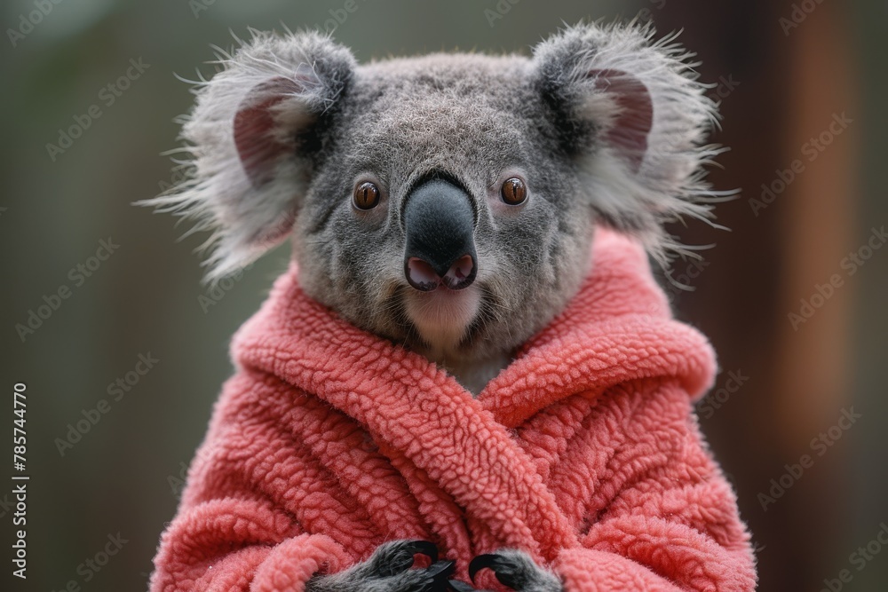 A charming koala bear captured while it wears a fluffy orange jacket, gazing with a friendly expression in a natural setting A charming koala bear captured while it wears a fluffy orange jacket, gazing with a friendly expression in a natural setting