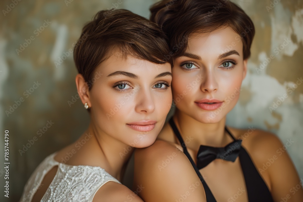 Elegant female couple in formal attire, capturing beauty and sophistication. Perfect for high-fashion, luxury brands, and glamour lifestyle editorials.
