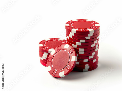 Isolated on white, a stack of red poker casino chips. Concept of gamble, gaming, casino, and poker.
