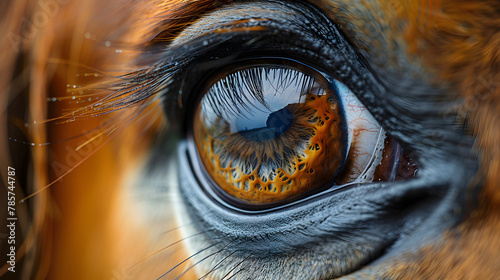 A closeup of a terrestrial animal's eye with long,
Closeup of horses eye reflecting race action created