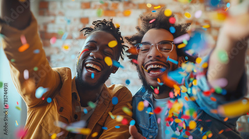 Joyful men with confetti celebrating. Suitable for themes related to parties, happiness, and gay couples.