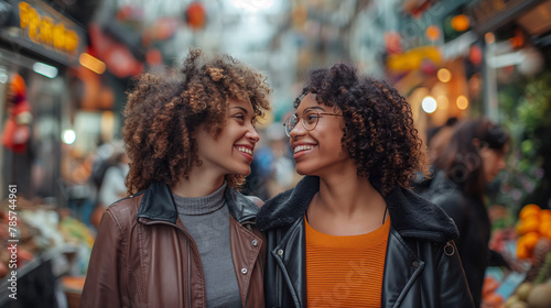 Two women enjoying time together in the city. Ideal for themes of friendship, urban lifestyle, and lesbian relationships.