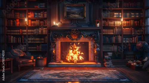 Inviting Bibliophilic Retreat with Crackling Hearth. Concept Literary Discussions, Cozy Fireside Chats, Book Lovers' Haven, Reading Nooks, Rustic Ambiance photo