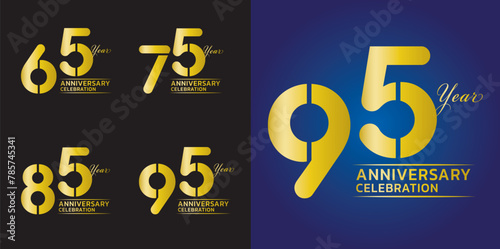 Set of 65 to 95years Anniversary logotype design, 65, 75, 85, 95 number design, anniversary template, anniversary vector design elements for invitation card, poster, flyer, gold color vector photo