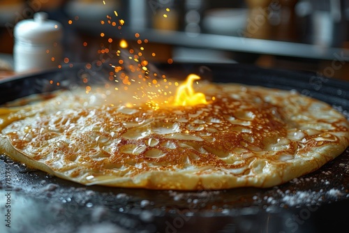 A freshly cooked pancake on a skillet with a dramatic, intentional flame adding excitement to the cooking process photo
