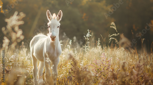 Portrait of white albino donkey in the field, front view