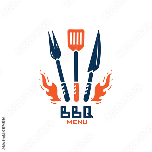 BBQ Time. Grill Tools with Fire Flames. Barbecue Fork, Spatula, Knife. Vector illustration.