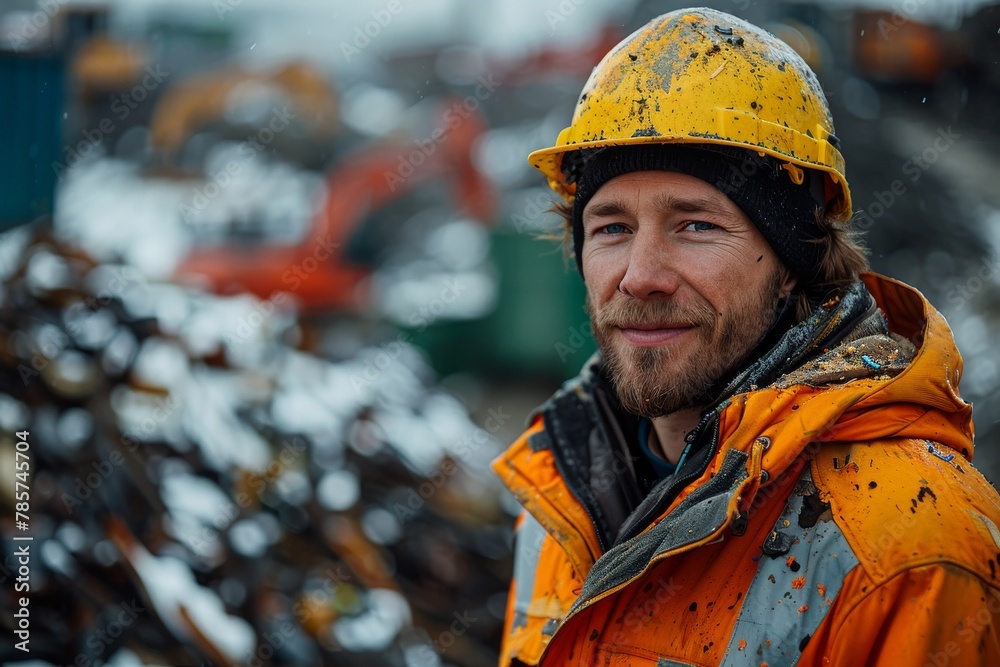 A worker in personal protective equipment posing in a scrapyard with machinery A worker in personal protective equipment posing in a scrapyard with machinery