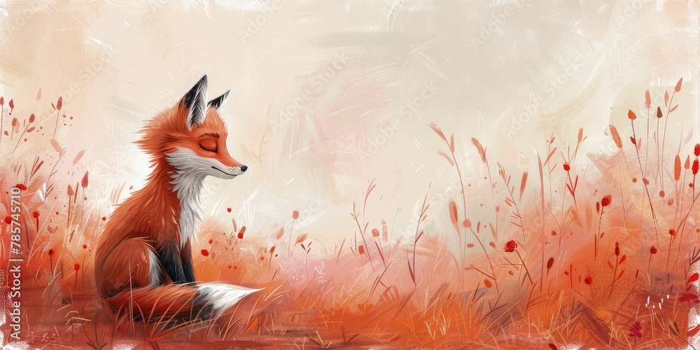 Fototapeta premium A whimsical cartoon fox ponders under a soft pink sky, perfect for a delightful children's storybook scene.