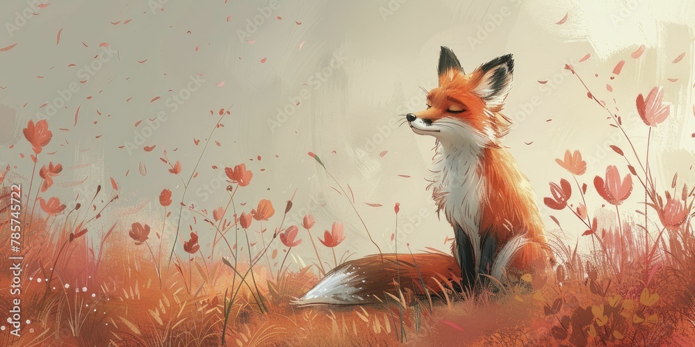 Fototapeta premium A whimsical fox ponders under the soft glow of a gentle pink sky in this enchanting children's book illustration.