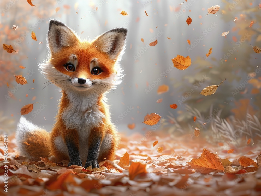 Fototapeta premium A whimsical fox surrounded by fall foliage on a vibrant orange backdrop, symbolizing resilience and flexibility amidst change.