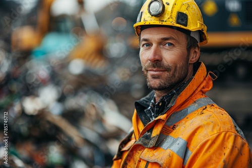 Confident construction worker in safety gear with a content smile at a scrapyard photo