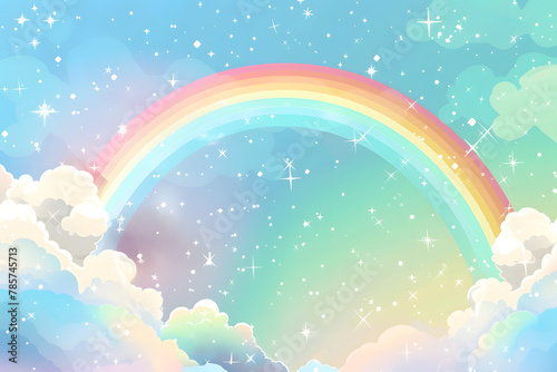 Illustration of Holographic fantasy rainbow unicorn background with clouds. Pastel color sky. 
