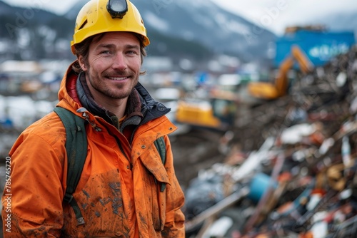 A friendly worker wearing orange protective gear standing in a scrapyard with heavy equipment