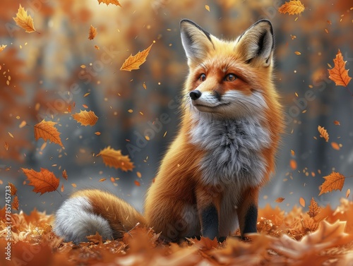 Charming cartoon fox with autumn leaves, seasonal orange background for change and adaptability themes. © Kanisorn