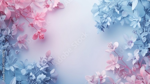 A soft and dreamy background with a delicate floral frame  featuring a pastel blue and pink gradient  ideal for invitations  greeting card or spring-themed designs