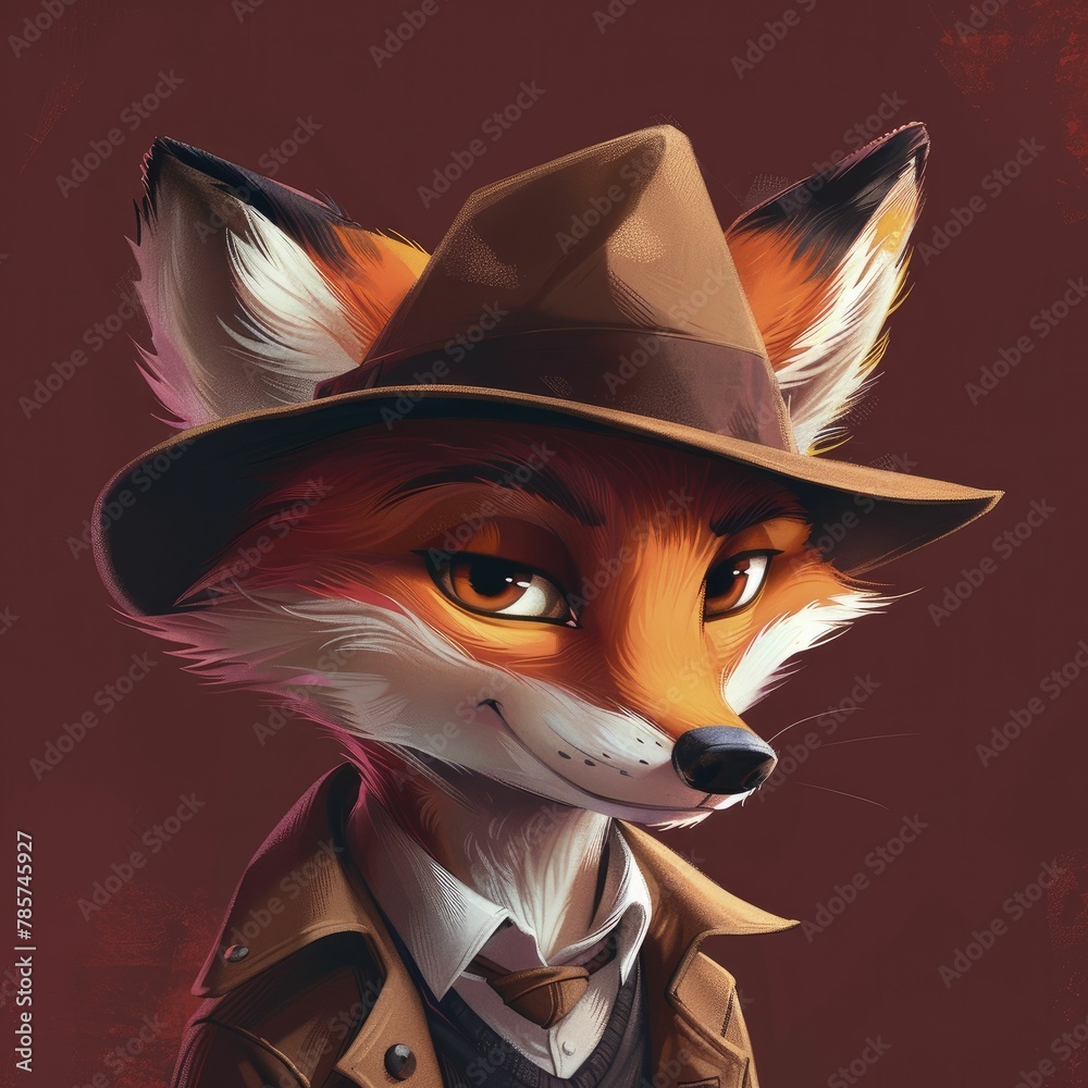 Fototapeta premium A clever fox in a detective hat explores mysteries against a deep burgundy backdrop in whimsical children's tales.
