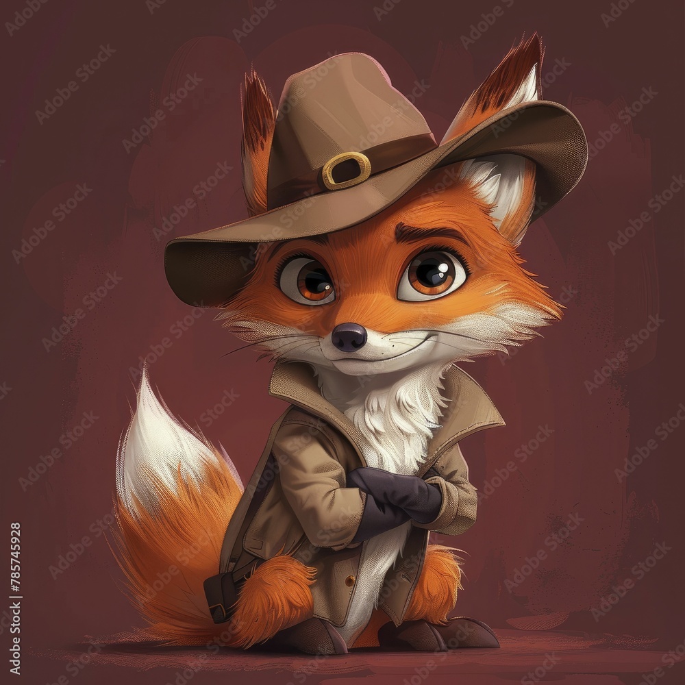 Fototapeta premium Join the clever cartoon fox donning a detective hat against a rich burgundy backdrop in thrilling children's mystery tales.