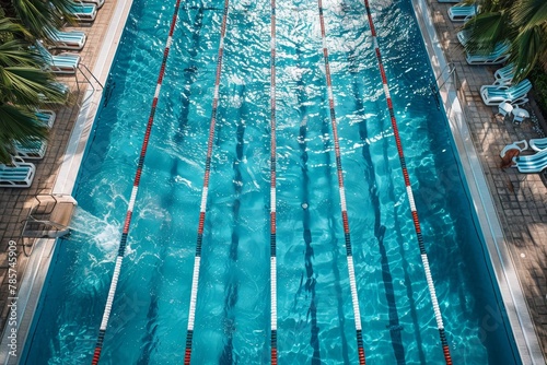 An aerial perspective of a clear outdoor swimming pool with lanes and surrounding lounging area on a sunny day