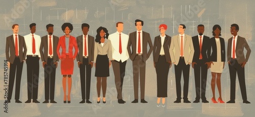 A diverse group of businesspeople, including men and women in suits and dresses, standing together as one team to form an abstract representation of unity and collaboration Generative AI
