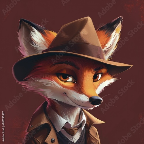 A clever fox in a detective hat explores mysteries against a deep burgundy backdrop in whimsical children's tales.