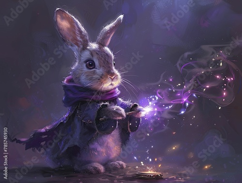 Crafty cartoon rabbit making magic tricks, mystical purple background for fantasy themed entertainment.