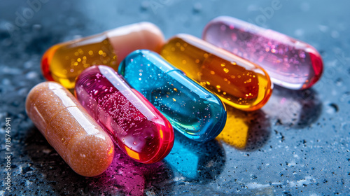 A row of colorful pills are lined up on a counter photo