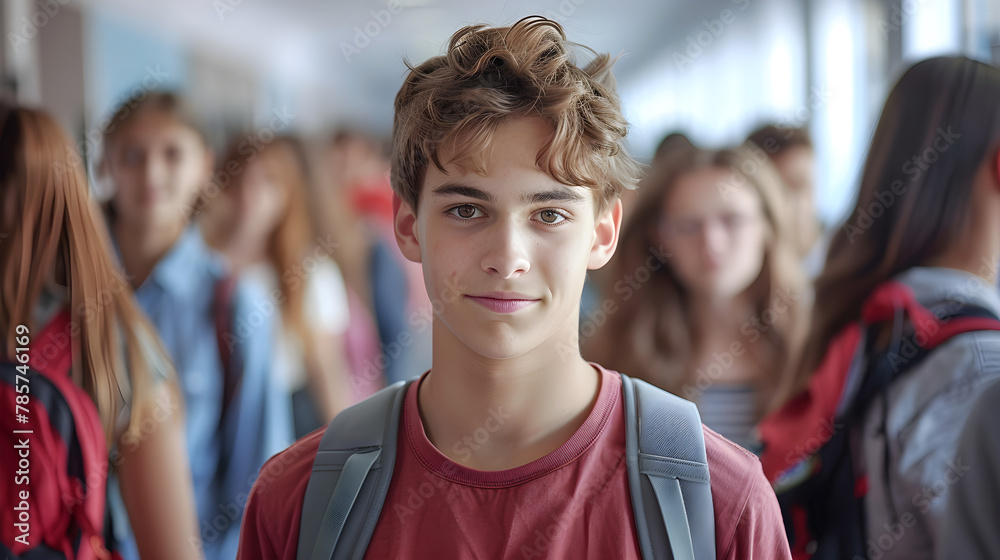 Male teenager walks amongst other teens on hallway at first high school day Male teenager walks amongst other teens on hallway at first high school day
