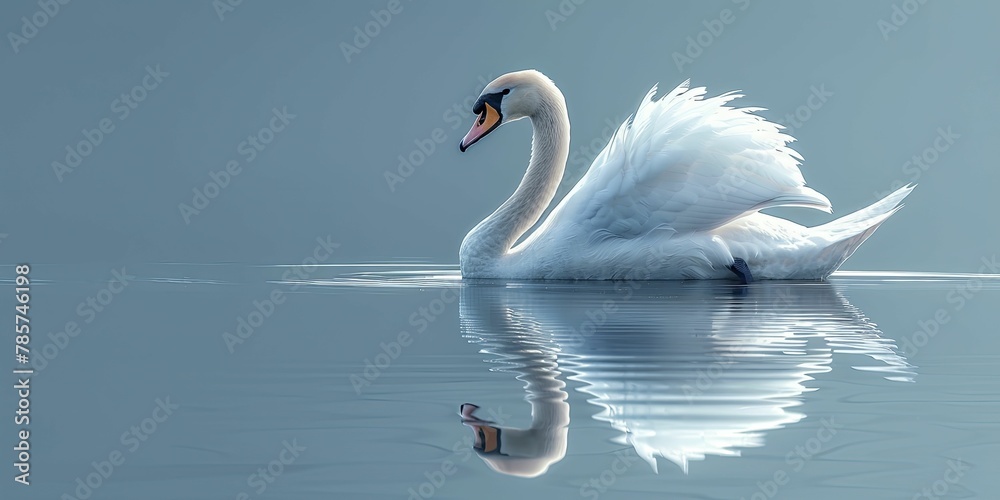 Fototapeta premium The serene blue background perfectly complements the graceful cartoon swan on the mirror-like lake, ideal for tranquil nursery themes.