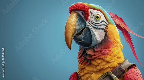 Eccentric cartoon parrot as a pirate, adventurous ocean blue background for storytelling and adventure themes.