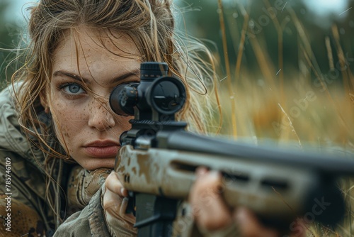 Focused female shooter lying in tall grass aiming a camouflage rifle with scope