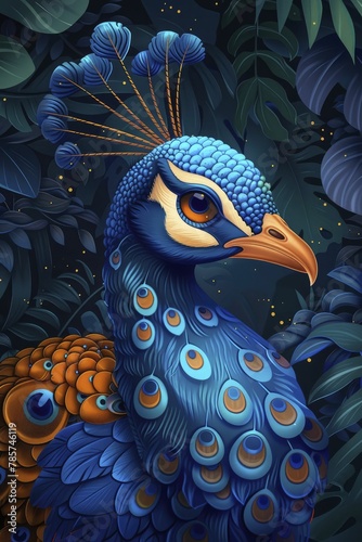 Experience the regal charm of a splendid cartoon peacock against a luxurious indigo backdrop for exquisite children's accessories.